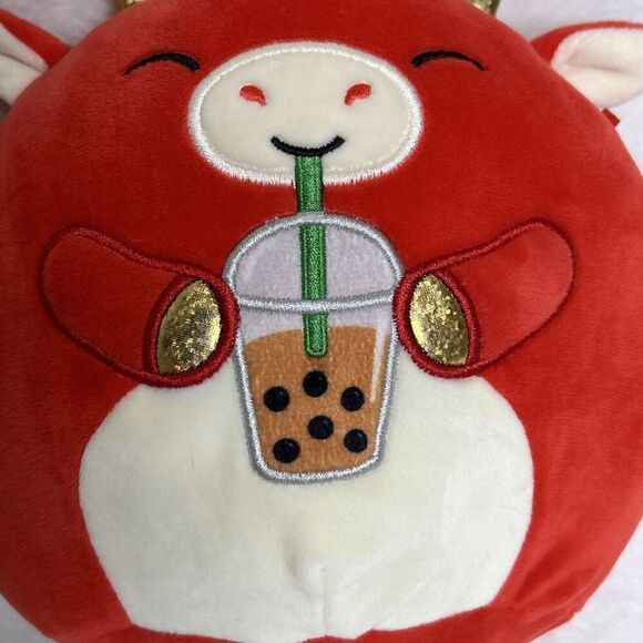Squishmallows Baiden The Dragon With Boba Tea 8” Red Embroidered Plush Toy - Picture 2 of 7